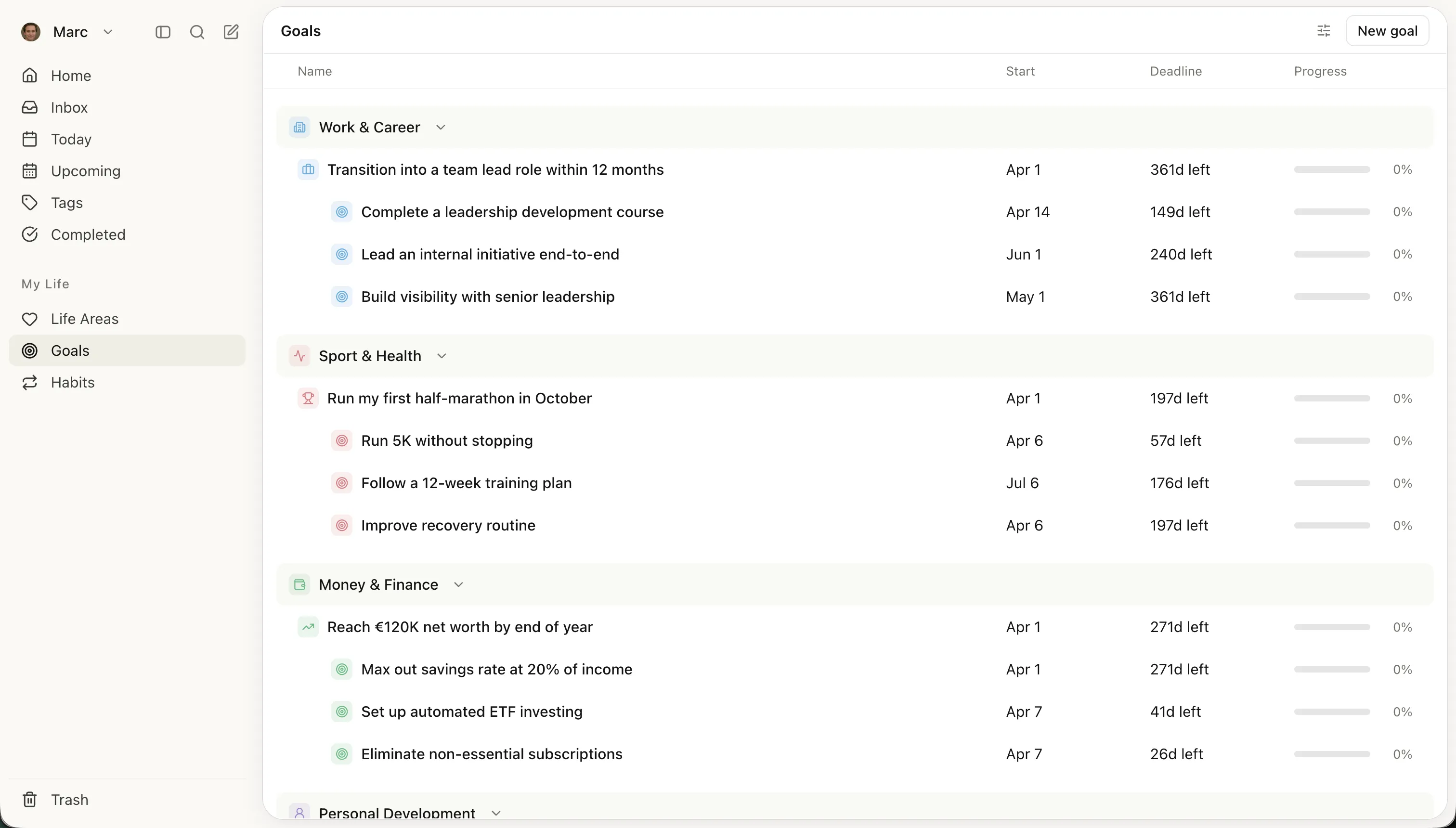 Heym app — Goals organized by life areas