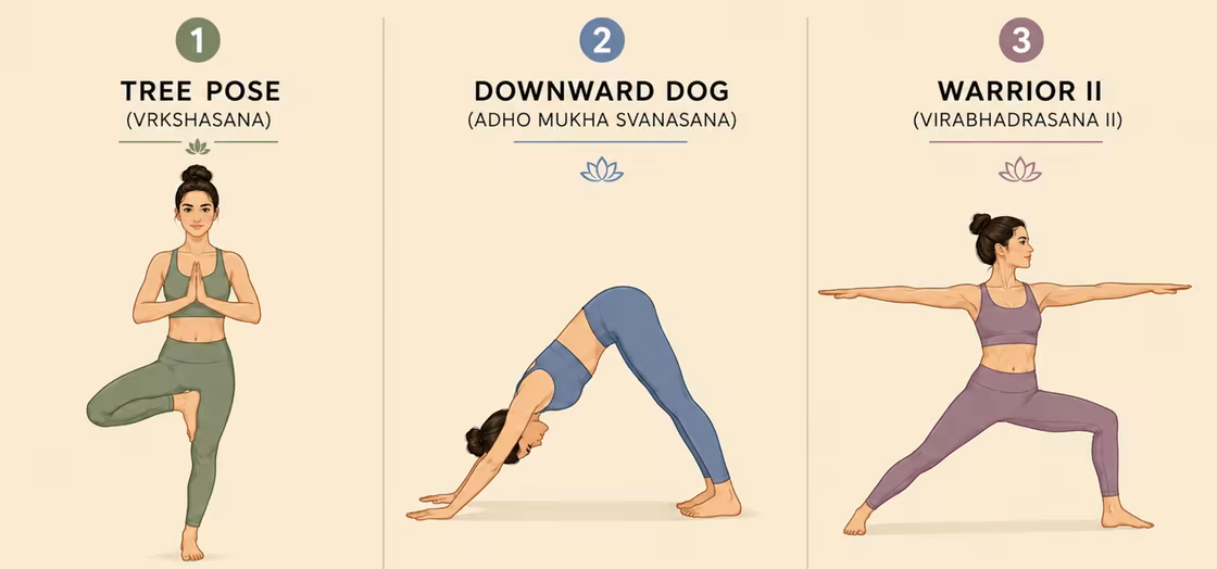 Yoga warm-up poses: tree pose, downward dog, warrior II